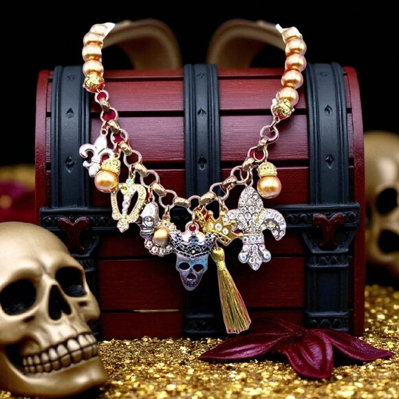 Skull Charm Gold Bead Crowns Heart Fleur de Lis 18" Necklace Gothic Halloween - Picture 1 of 8